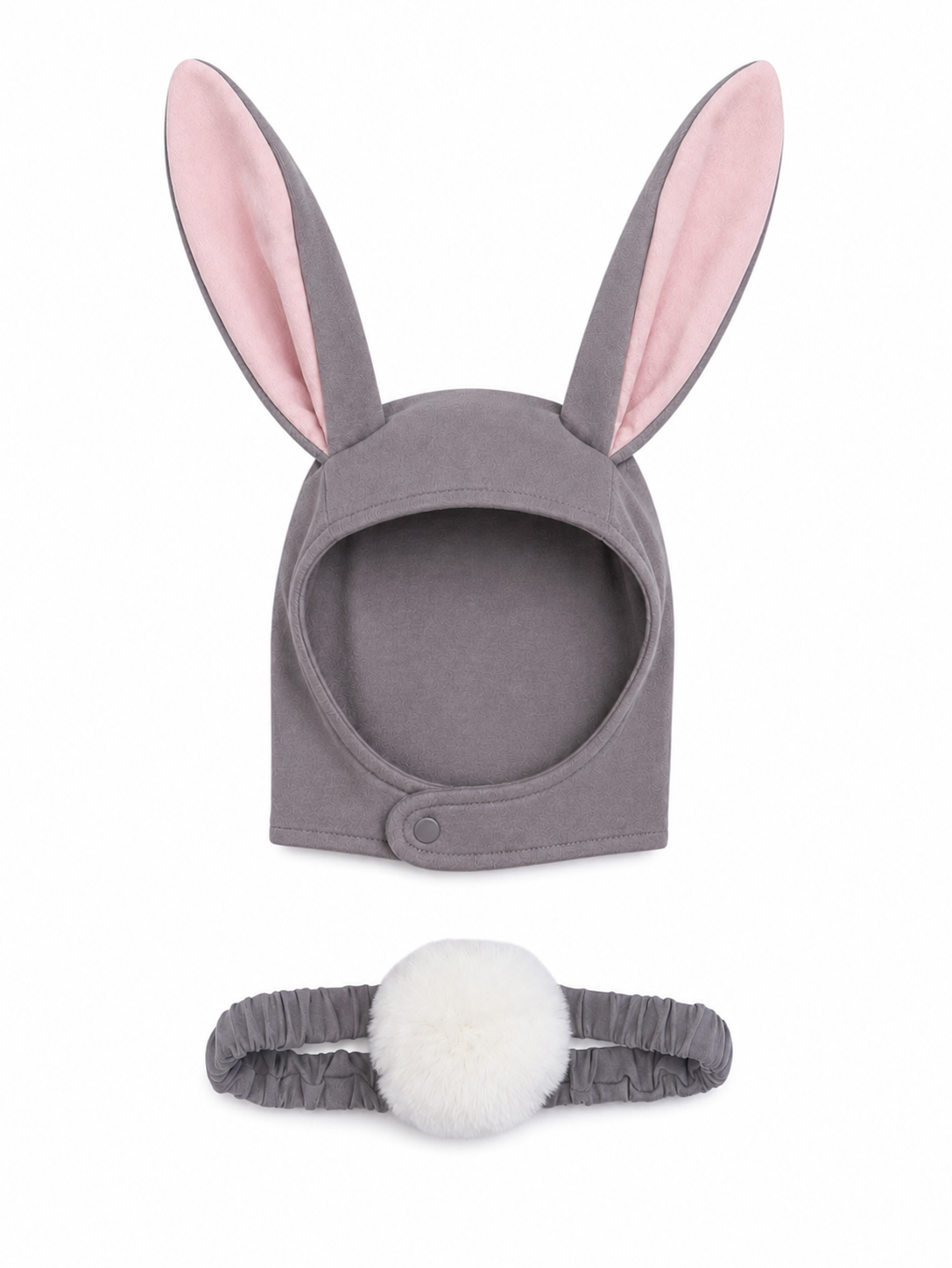 Gray bunny costume with pink ears and a white pom-pom headband on a white background