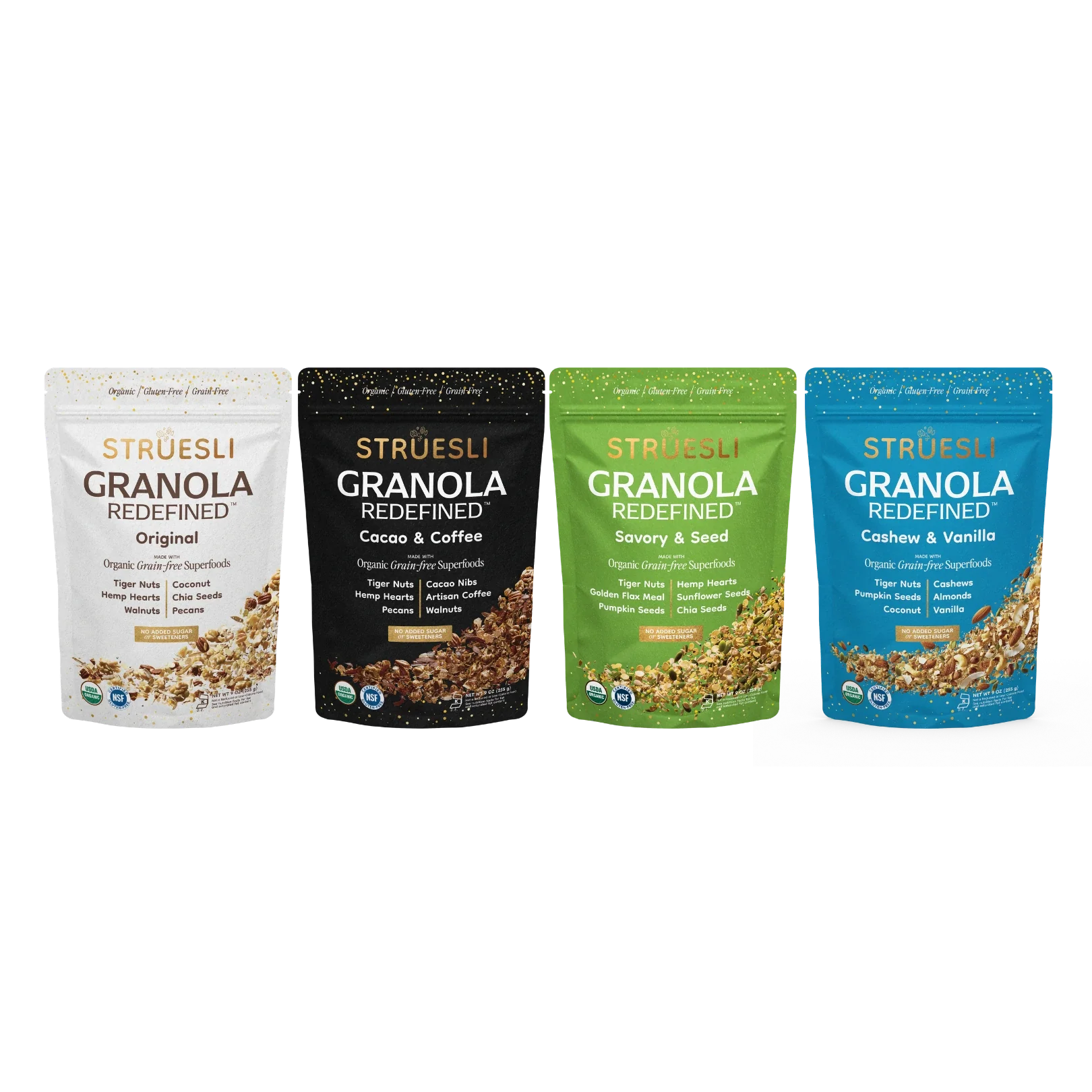 Four packages of Stréuesli Granola on a white background