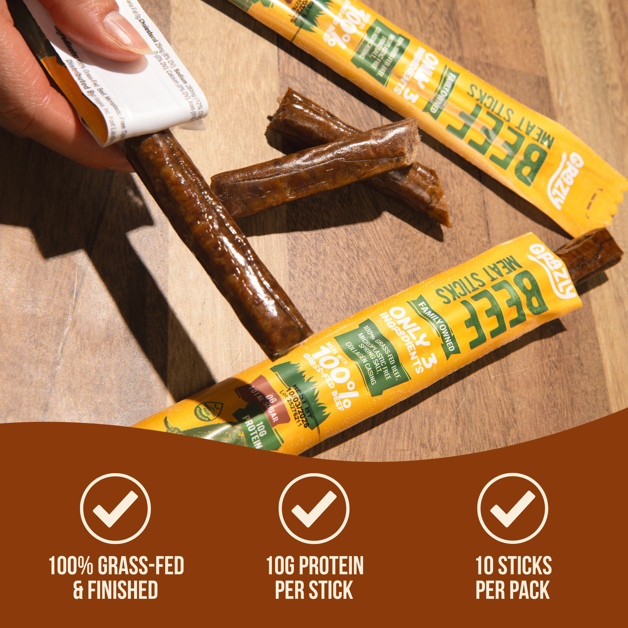 Grazly Plain Beef Meat Sticks - 100% Grass-Fed & Finished