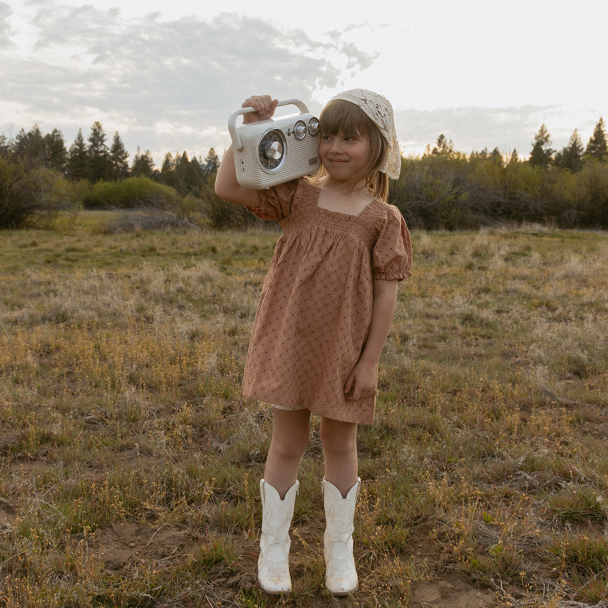Makemake Organics - Organic Eyelet Bubble Sleeve Dress - Clay Eyelet