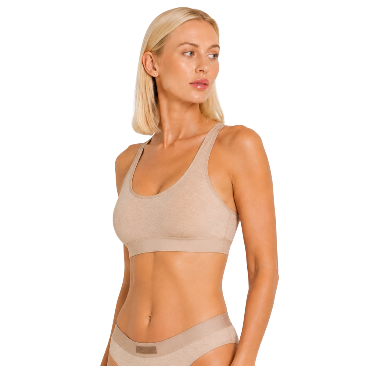Net Positive Racerback Bralette in Mocha, angled view on model