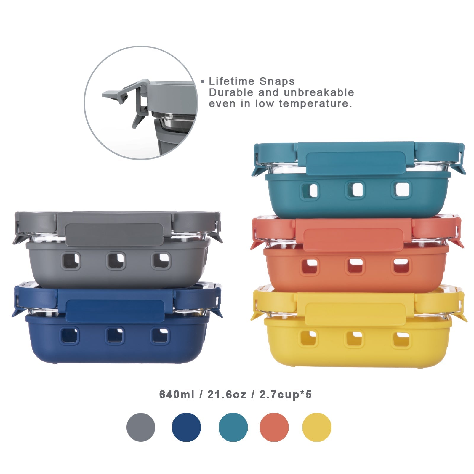 Set of colorful food containers with snap lids on a white background