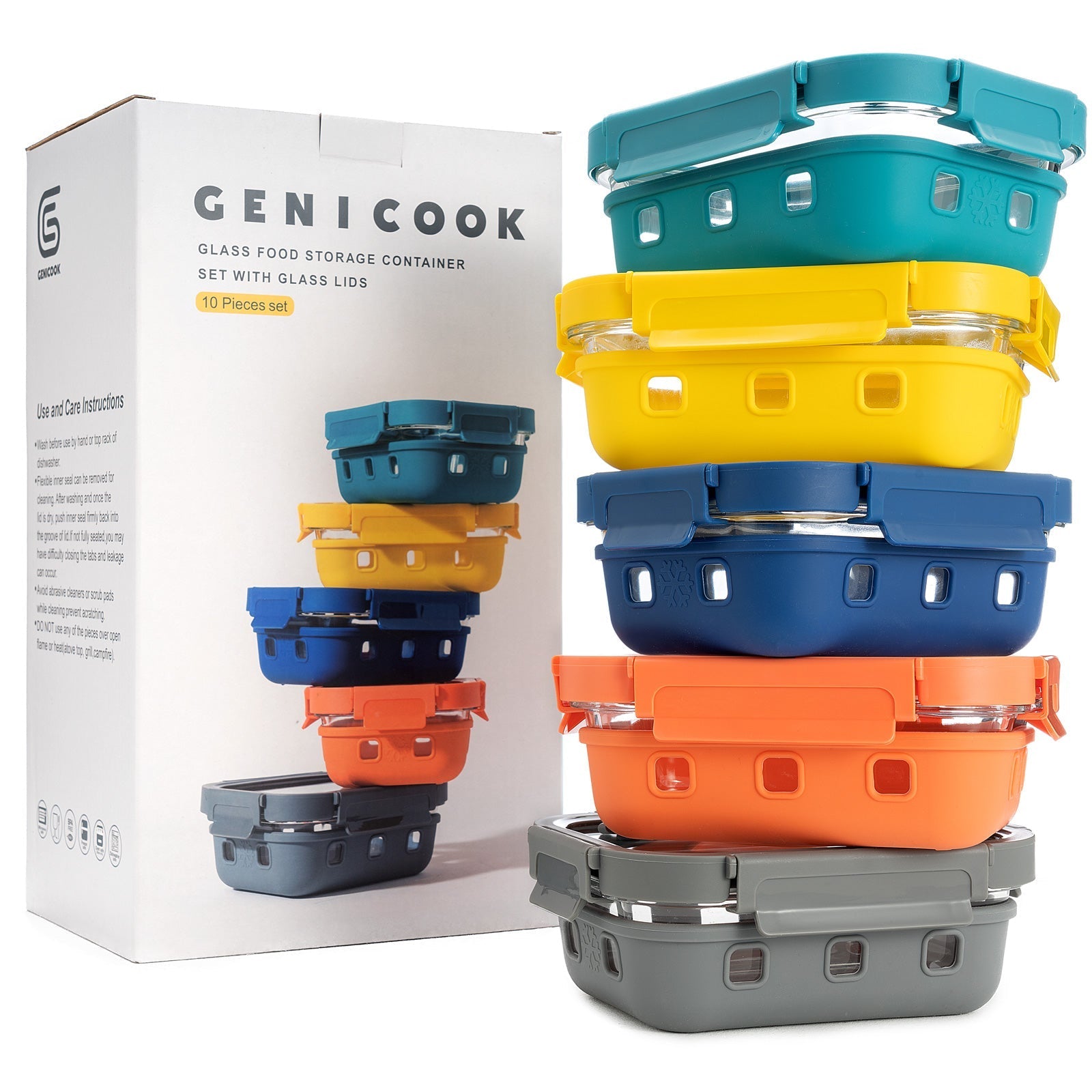 Set of colorful glass food storage containers with lids and Gen I Cook packaging.