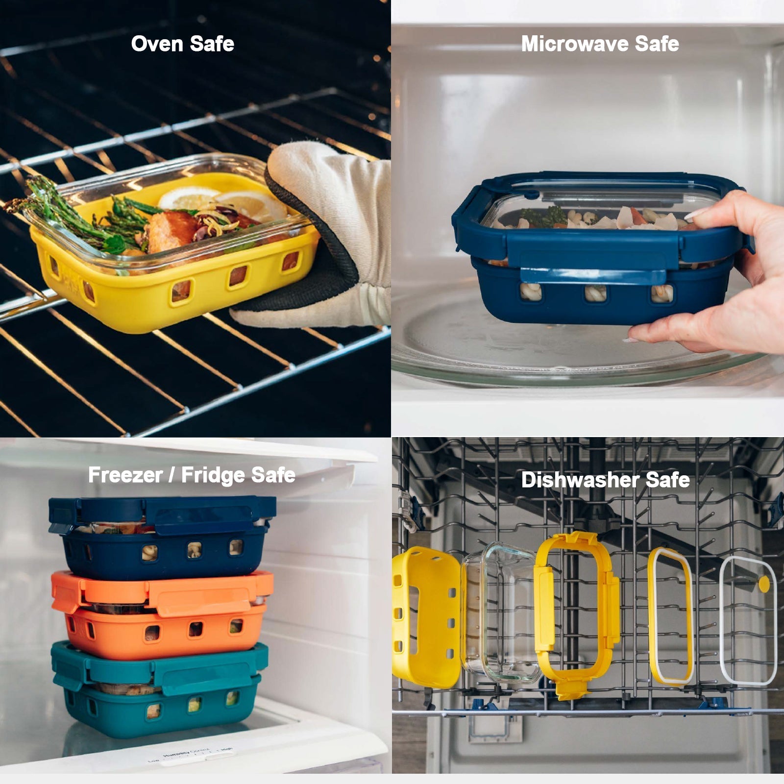 Collage of containers being used in various kitchen settings with labels indicating safety features.
