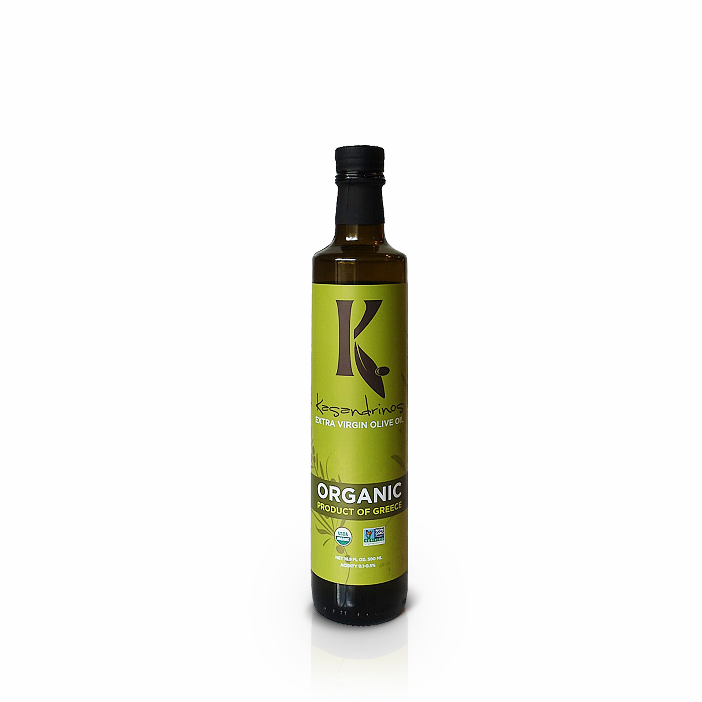 Bottle of organic olive oil with a green label on a white background