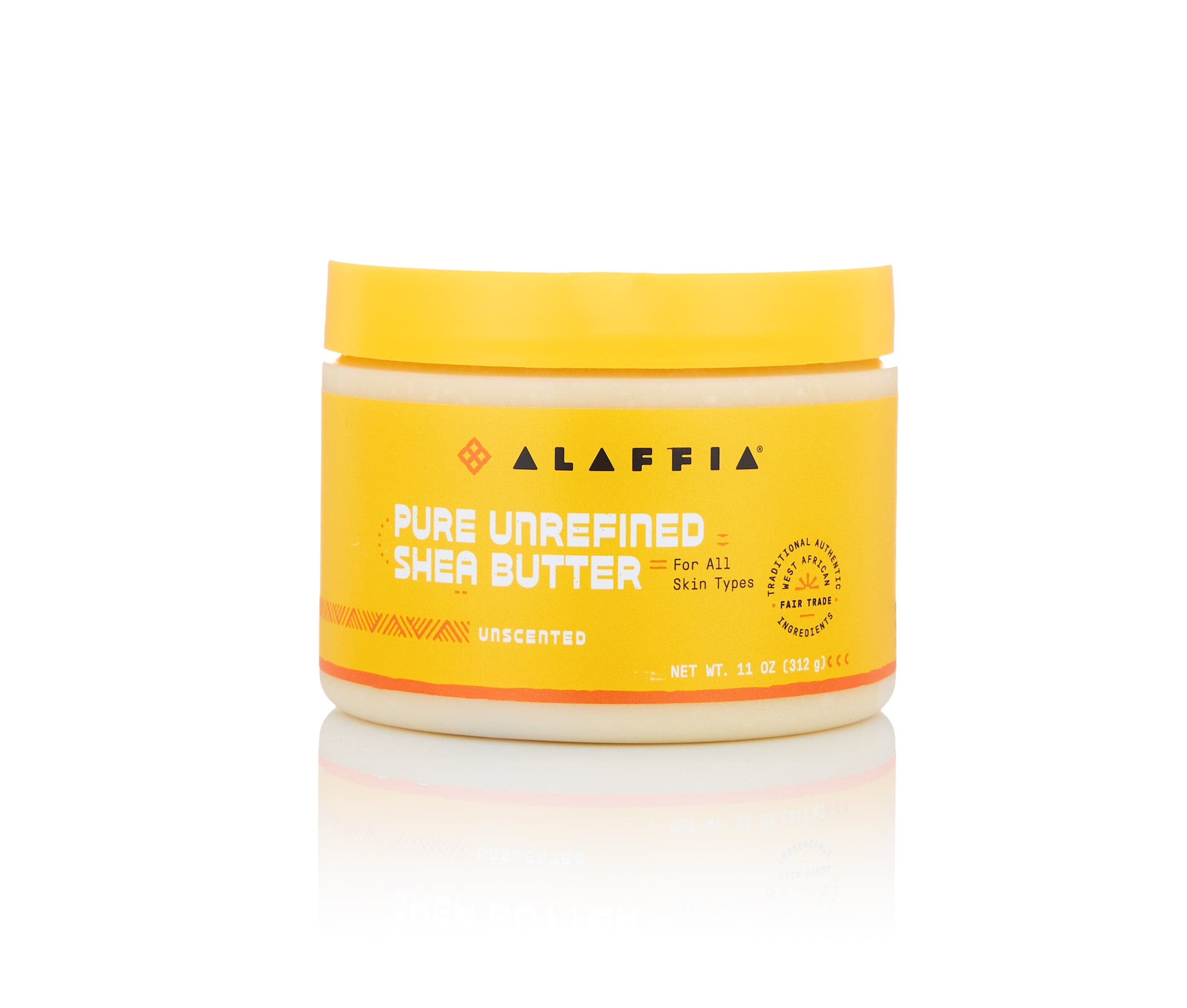 Jar of Alaffia pure unrefined shea butter on a white background