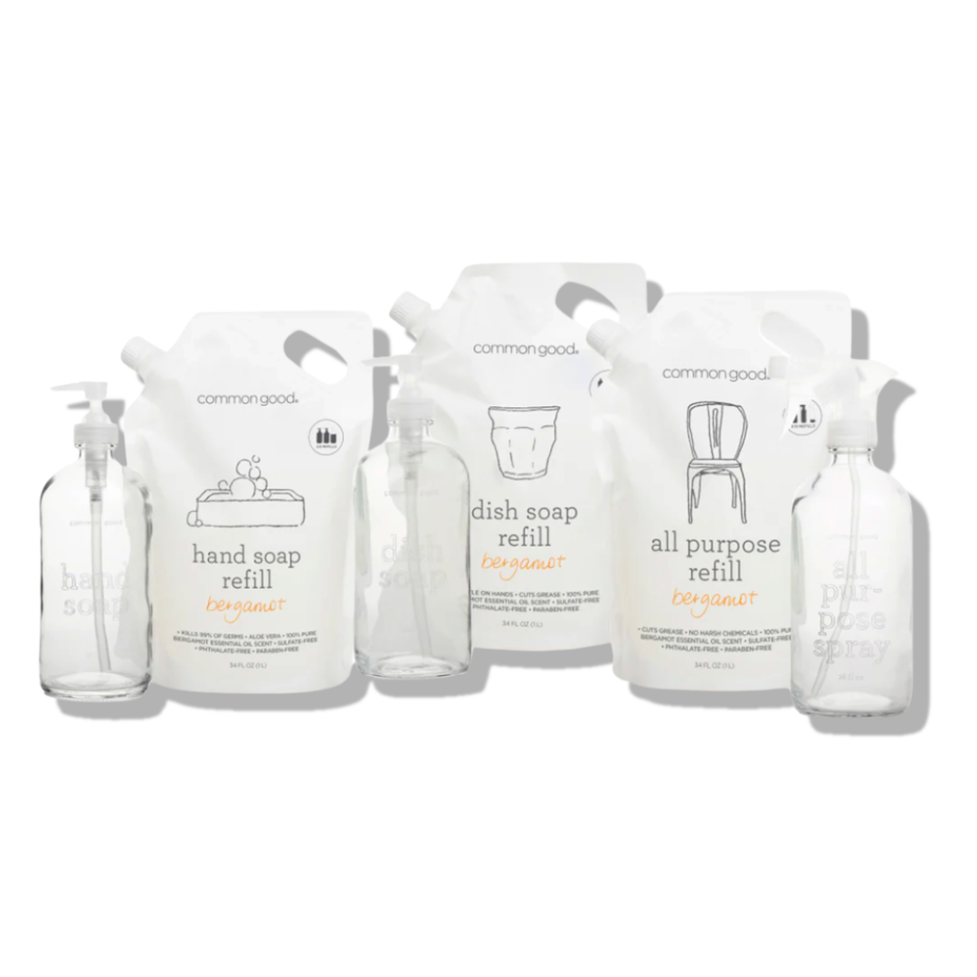 Set of common good brand refill containers on a white background