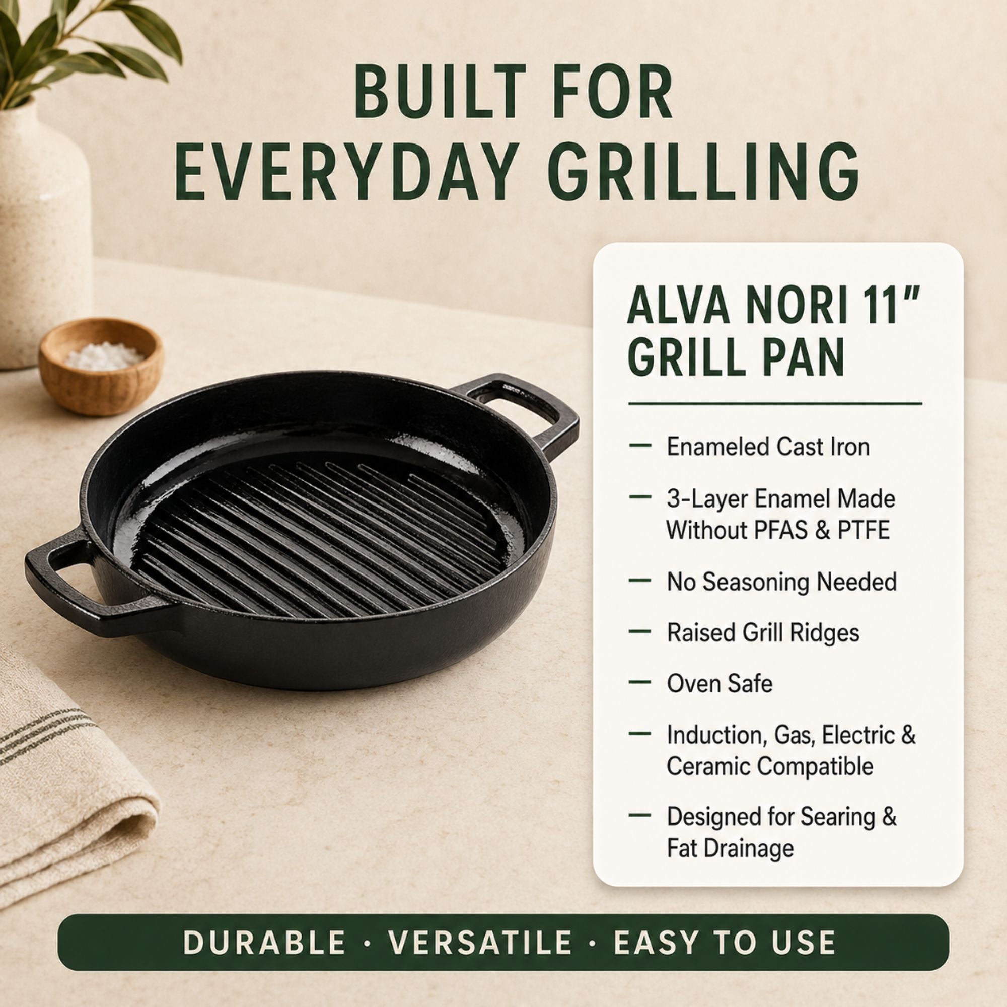 Alva Cookware Enameled Cast Iron Grill Pan, 11"
