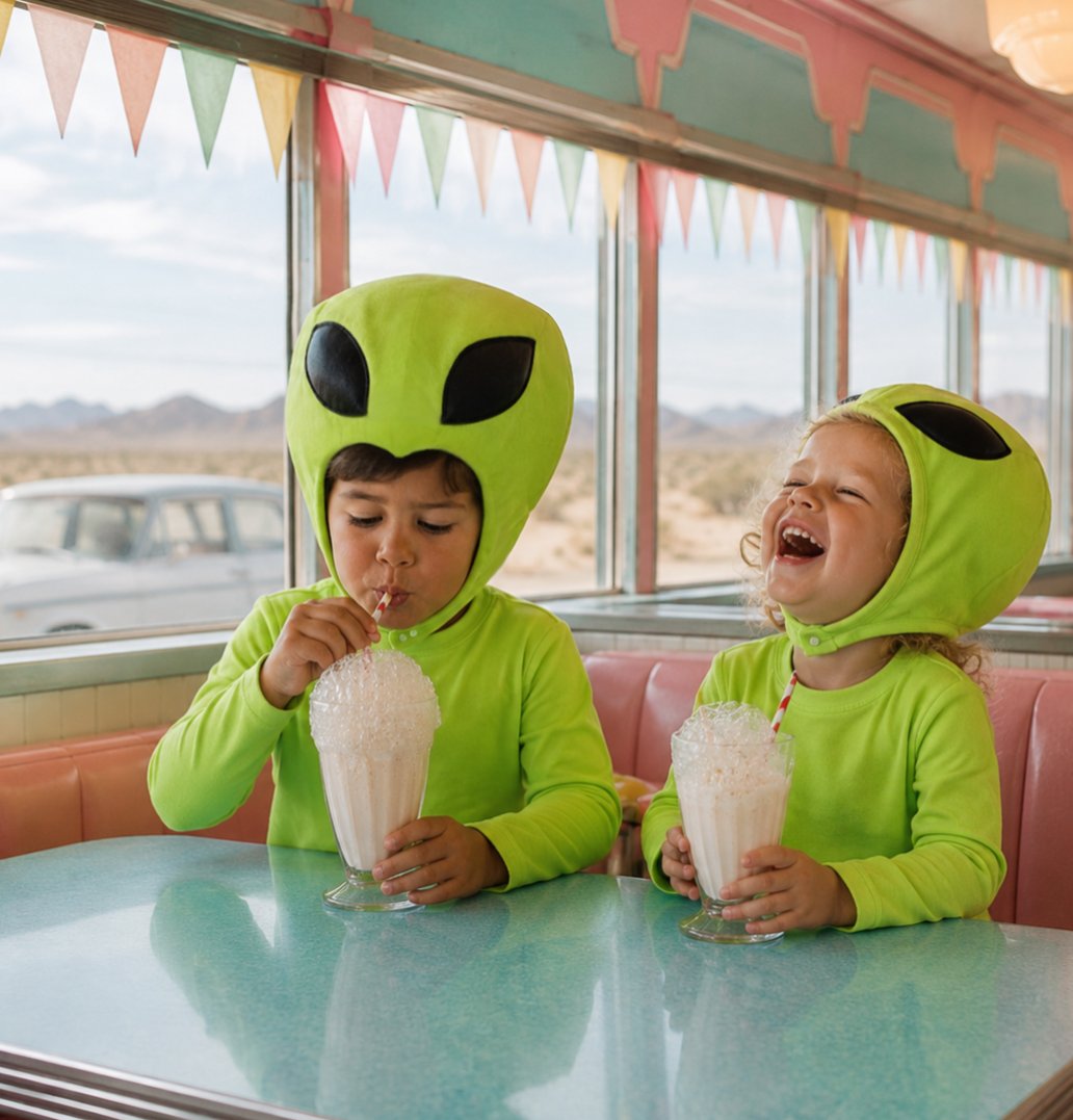 Two children in alien costumes drinking milkshakes at a diner.