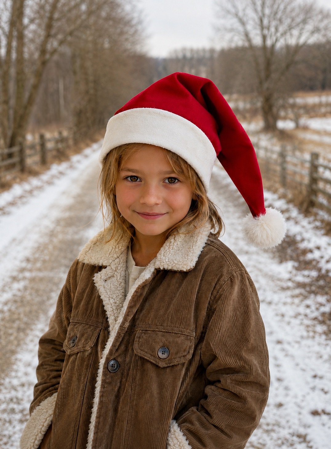 A young child wearing a red Santa hat with a white trim and a brown corduroy jacket with a cream sherpa collar, standing on a snowy path outdoors.