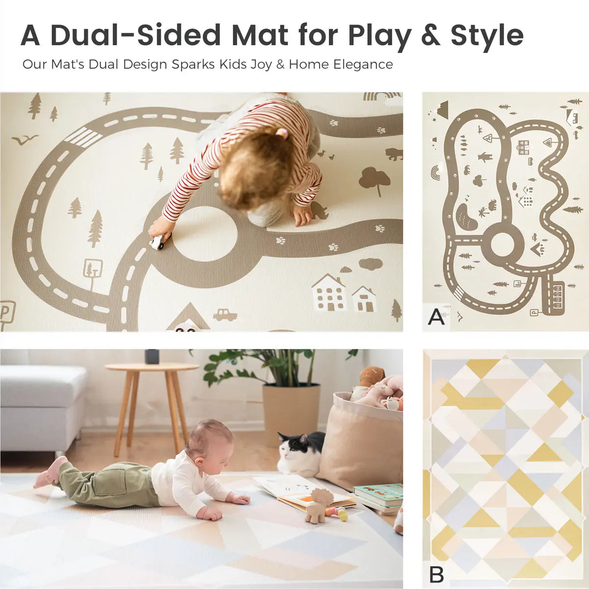 Dual-sided play mat with road and nature design, used by children indoors.