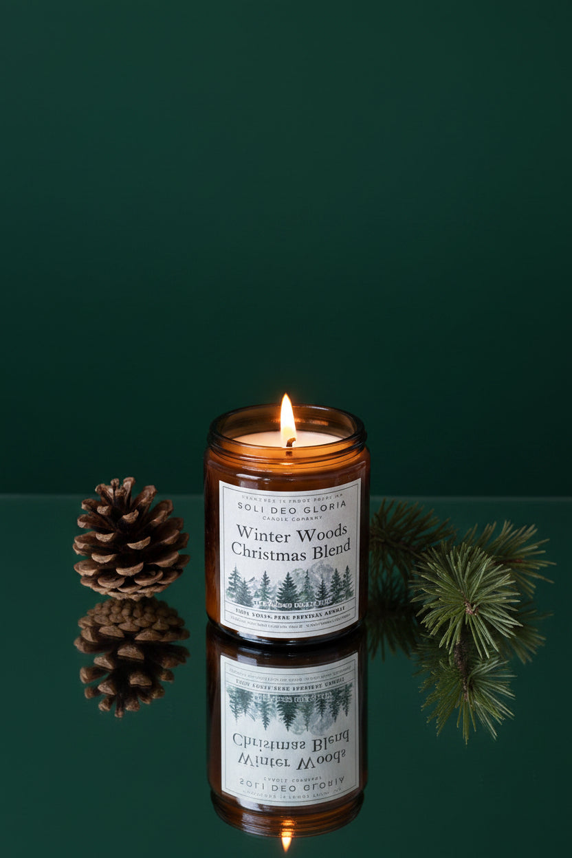 Candle with a label on a reflective surface against a dark green background
