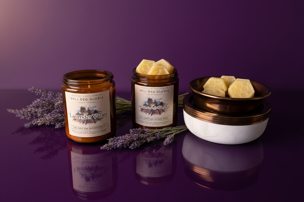 Two amber glass jars of bath salts labeled 'Saffron & Lavender' are styled with lavender sprigs on a reflective purple surface, next to a white and copper bowl filled with pale yellow bath salts.