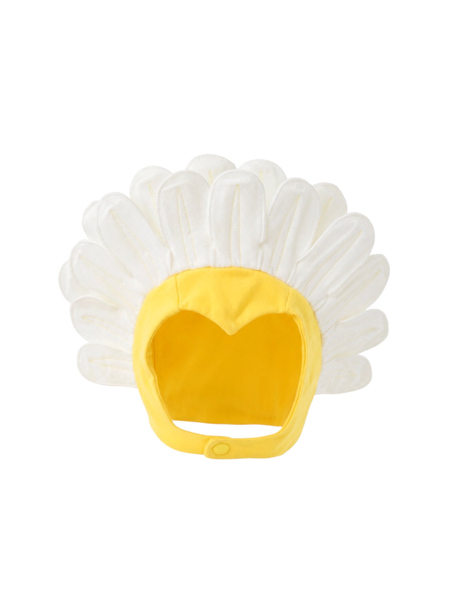 A novelty costume bonnet designed to look like a chicken head, featuring a bright yellow fabric face and neck strap with a heart-shaped cutout, and white fabric feathers arranged around the sides, shown on a plain white background.