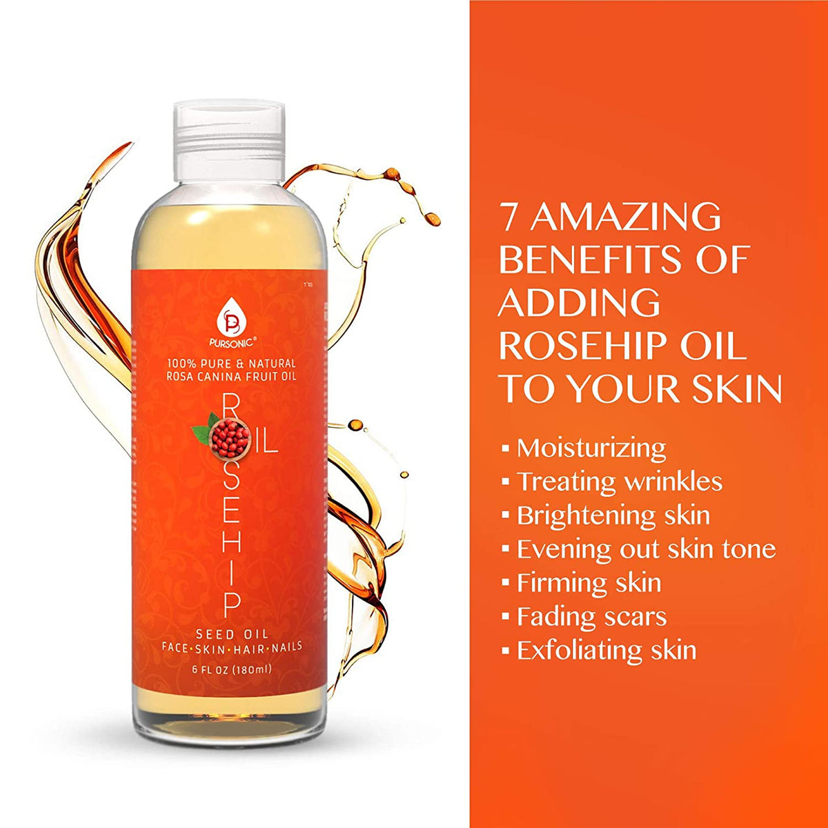 Pursonic 100% Pure & Natural Cold Pressed Premium Rosehip Seed Oil 6 Oz