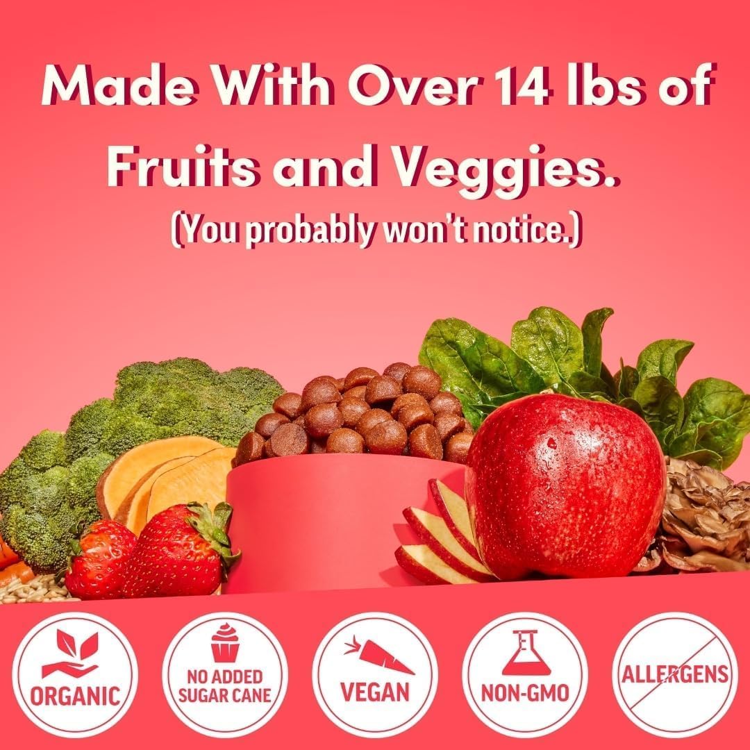 Promotional graphic with fruits and vegetables and text about ingredients on a red background