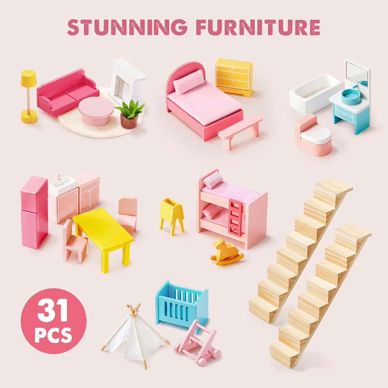 Set of miniature dollhouse furniture pieces on a light pink background with 'Stunning Furniture' text.