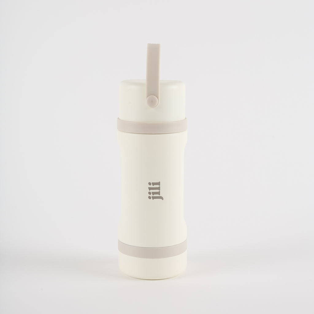 White insulated bottle with beige accents on a light gray background