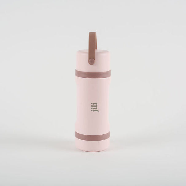 Pink water bottle with brown accents on a light gray background