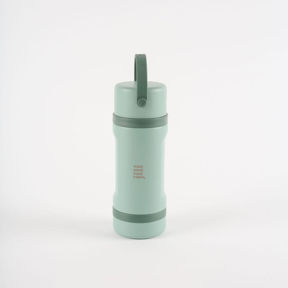 Green insulated bottle with handle on a white background