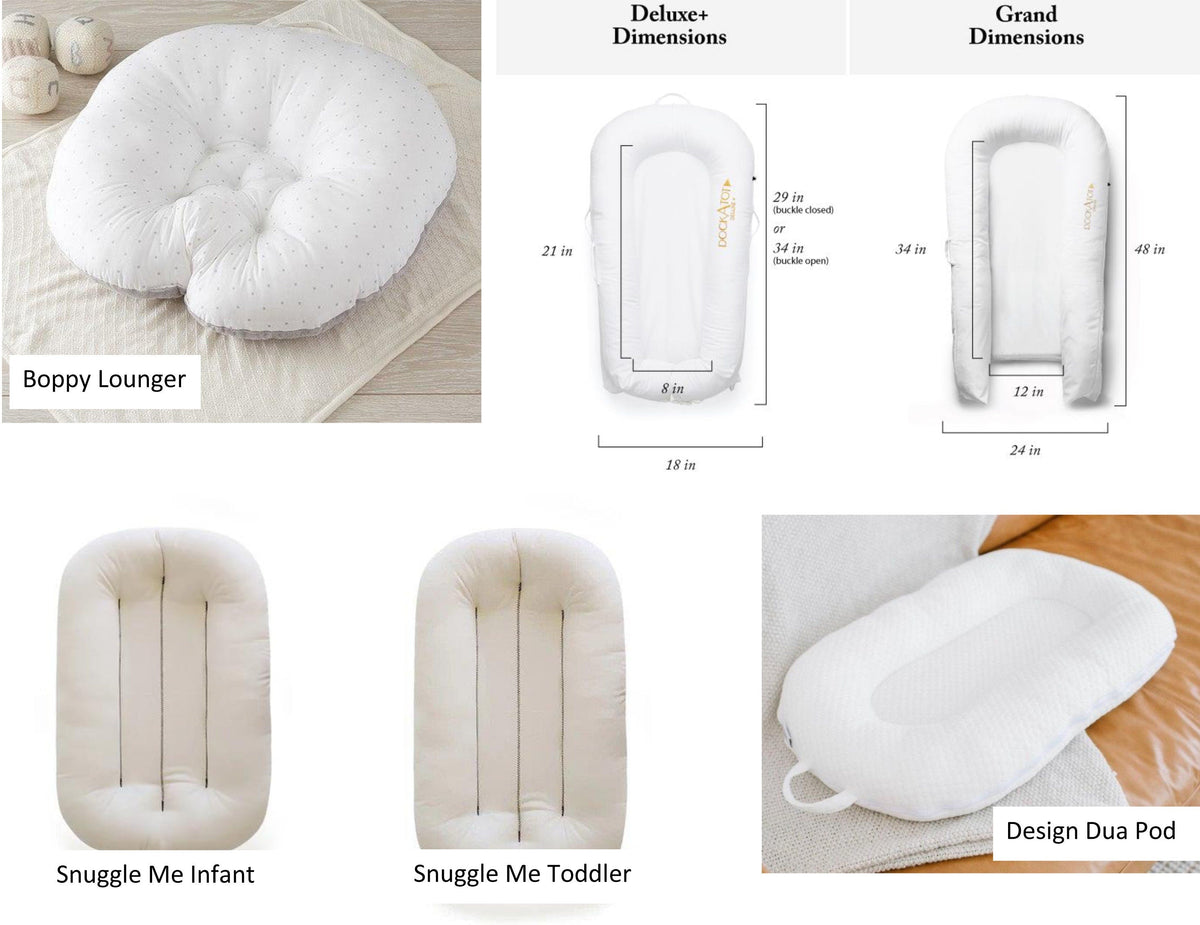 Collage of baby support pillows with dimensions and product names displayed.