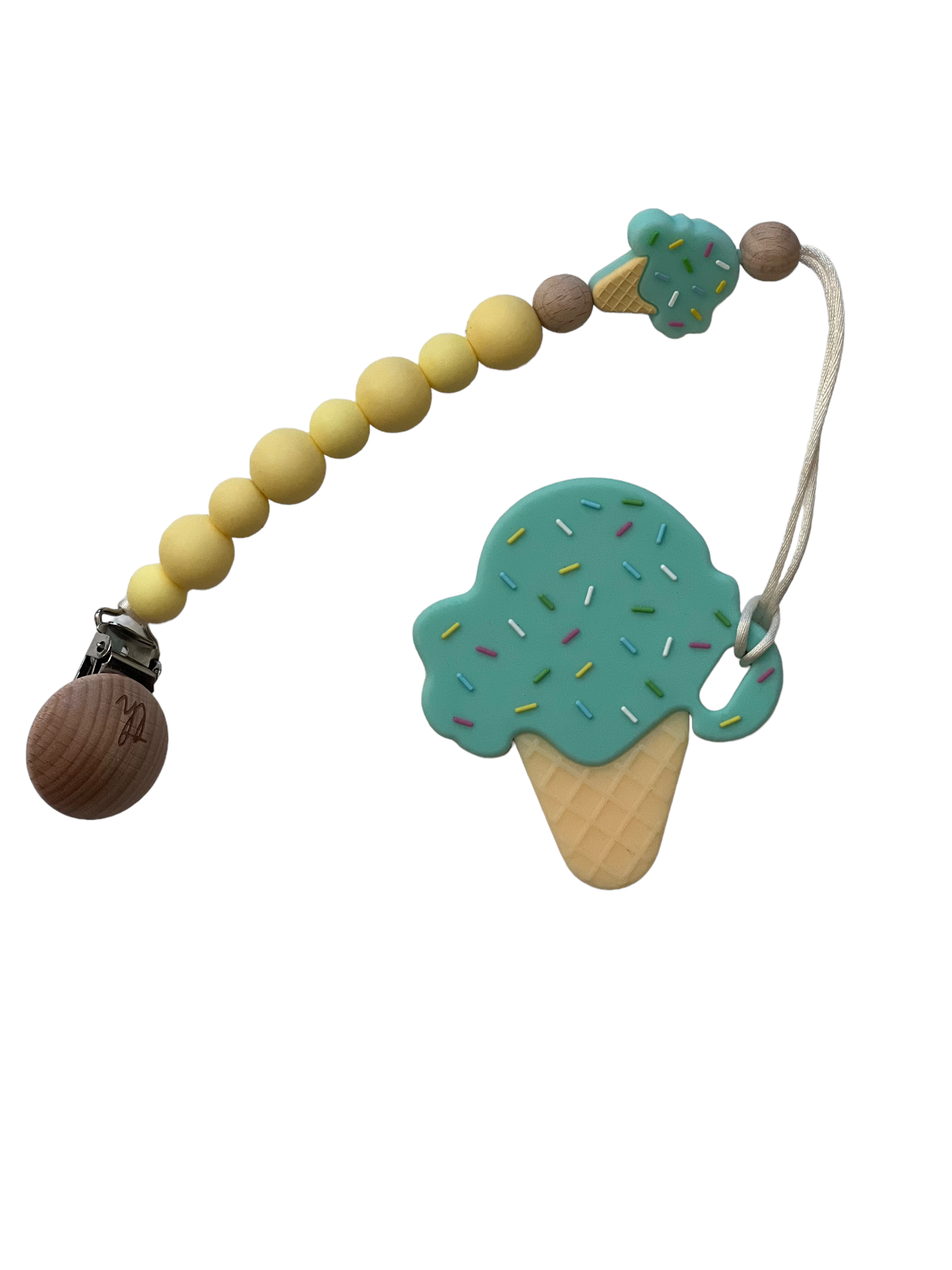 Teething toy with ice cream cone design on a white background