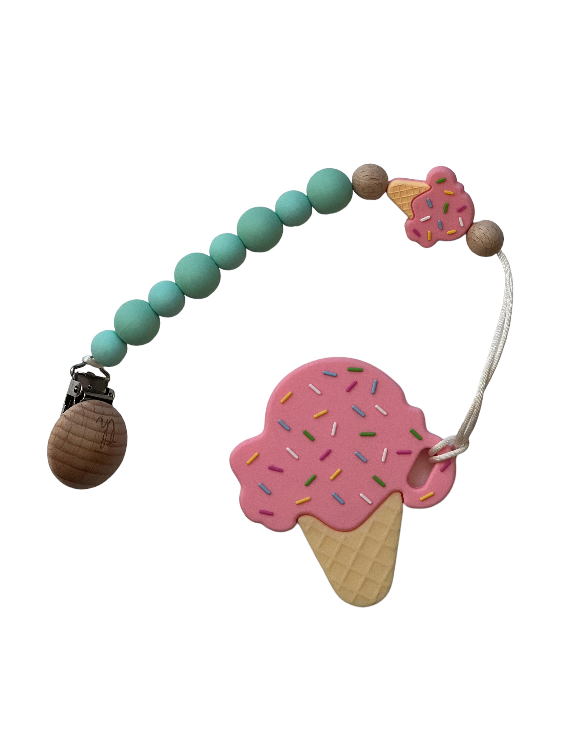 Teething toy with ice cream cone and bead chain on a white background