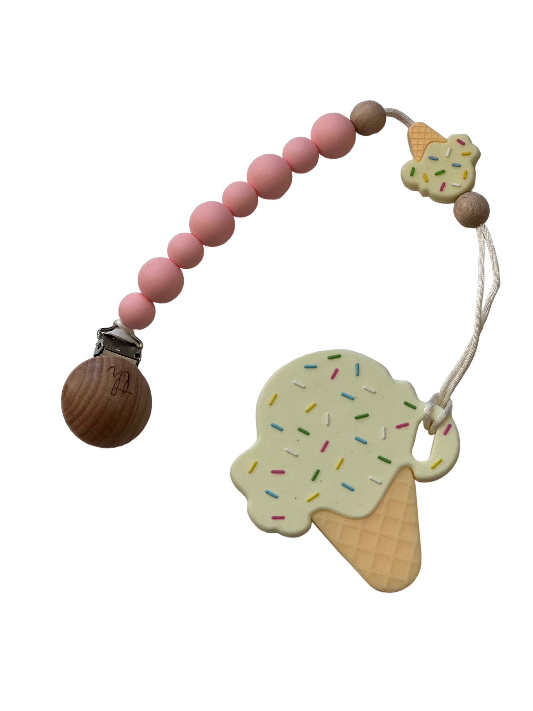 Teething toy with pink beads and ice cream cone design on a white background