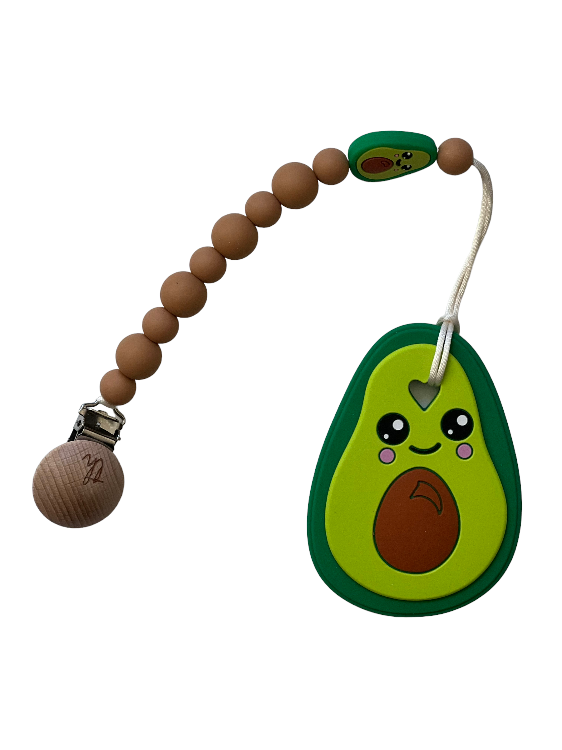 Avocado-shaped teething toy with wooden beads on a white background