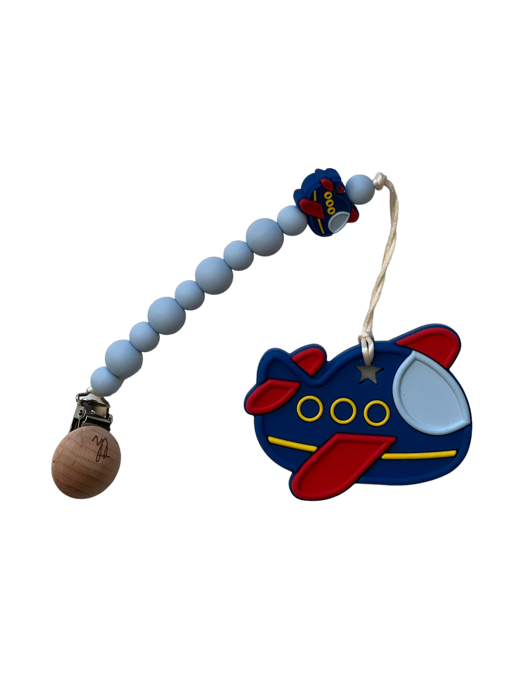Toy airplane with a blue beaded chain and wooden ball on a white background