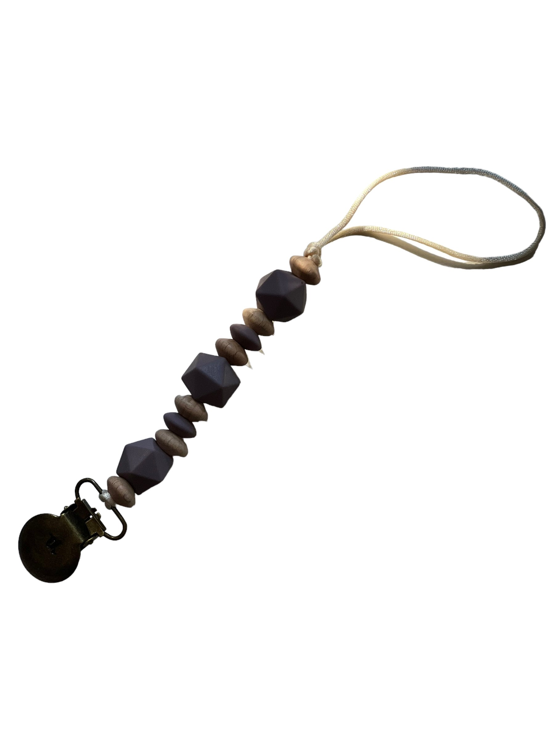 Beaded pacifier clip with a white background