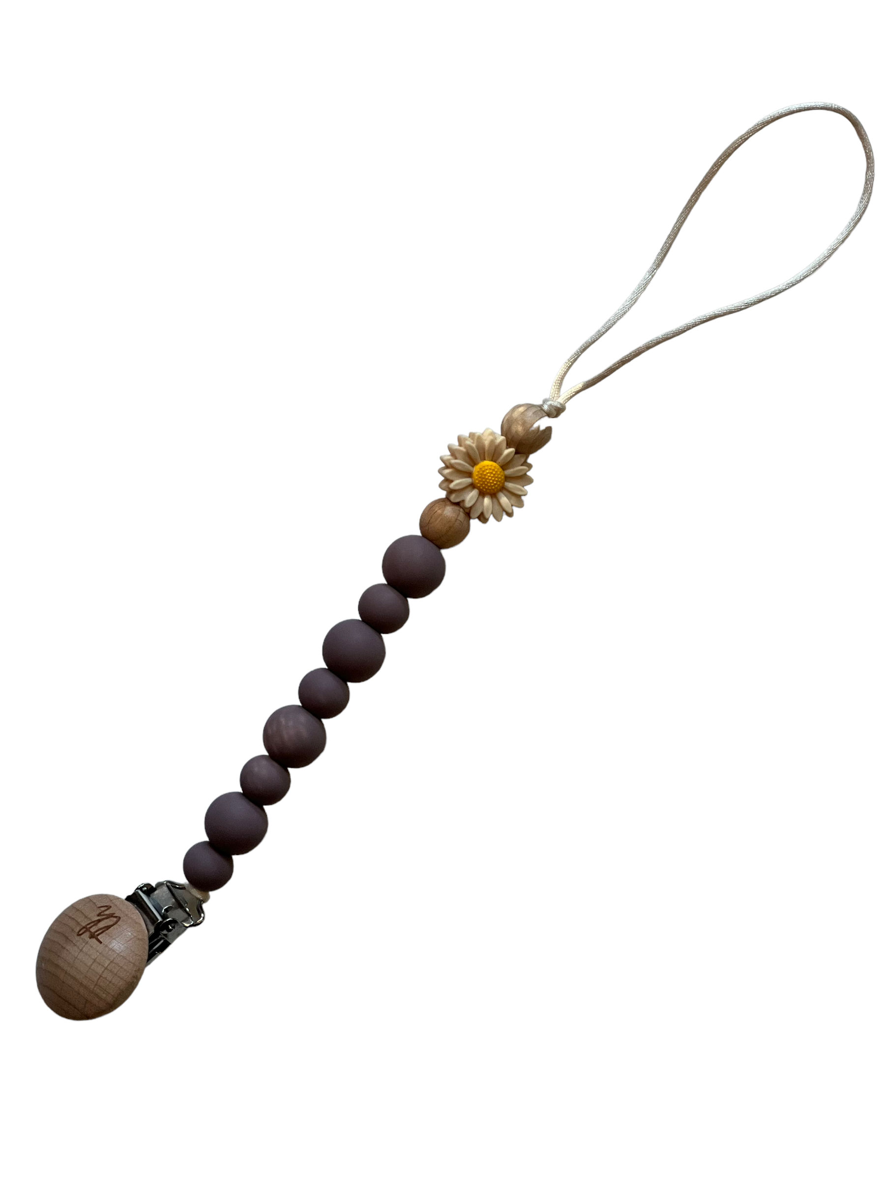 Wooden beaded keychain with a flower charm on a white background