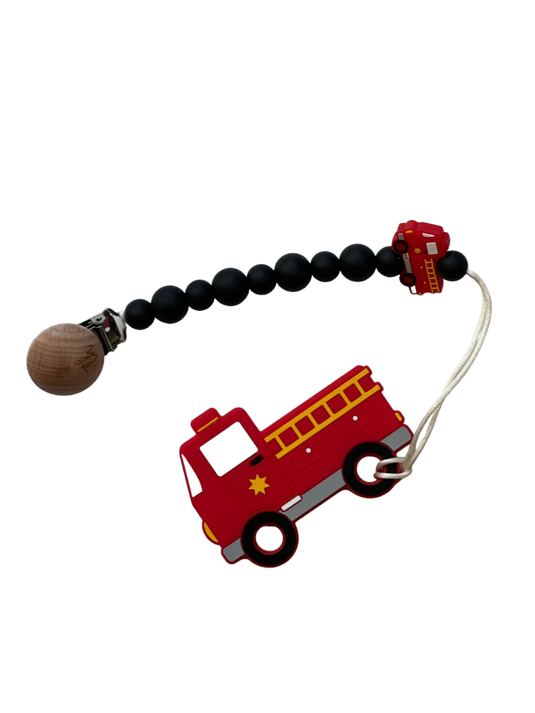 Toy fire truck with a black beaded chain on a white background