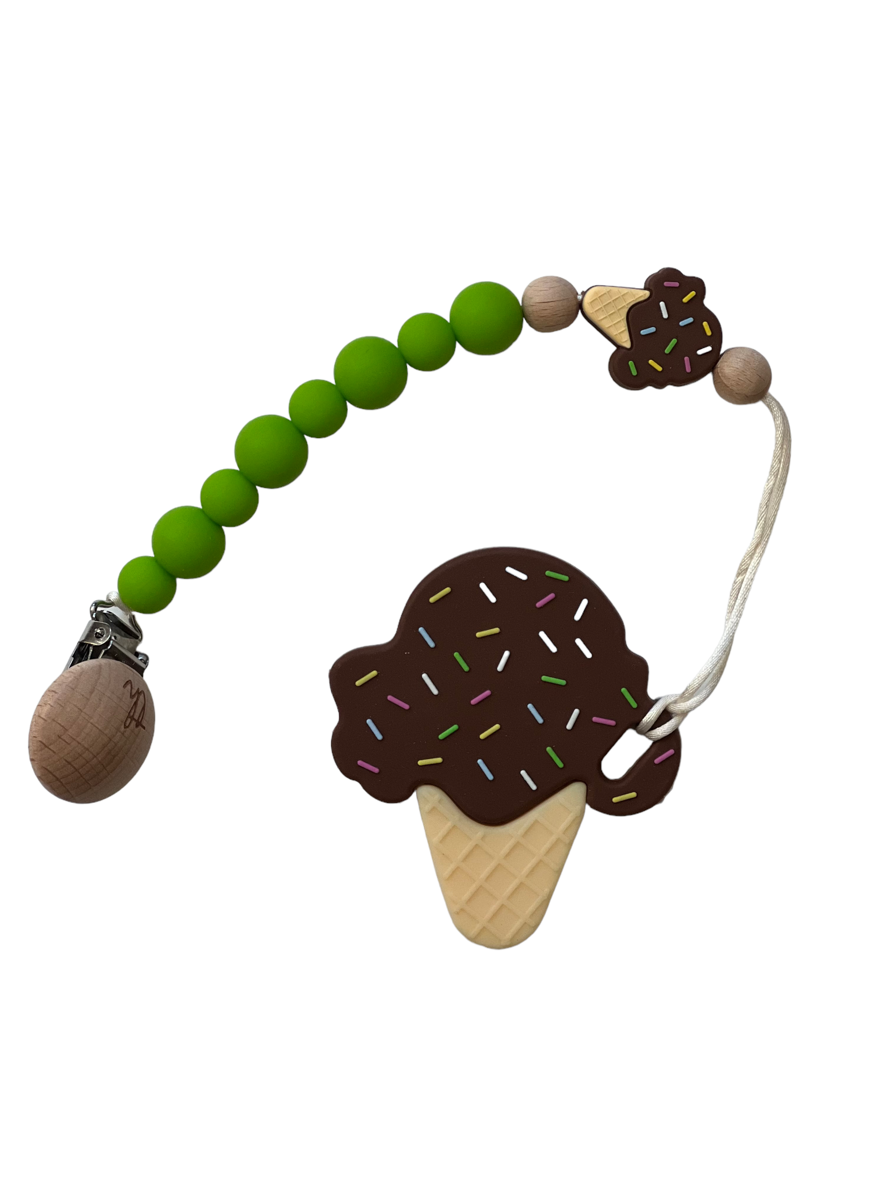Teething toy with green beads and ice cream cone-shaped wooden element on a white background