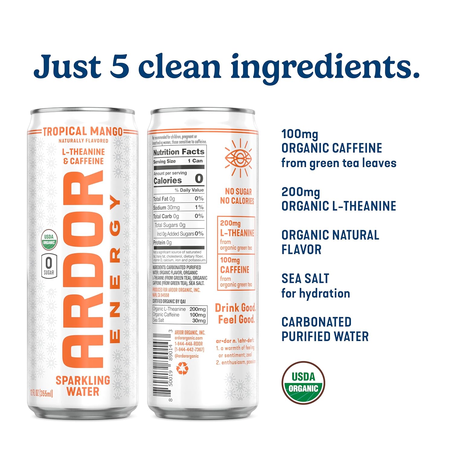 Ardor Organic Sparkling Water - Mango, 12 fl oz (12 Pack) - Hydrate + Focus
