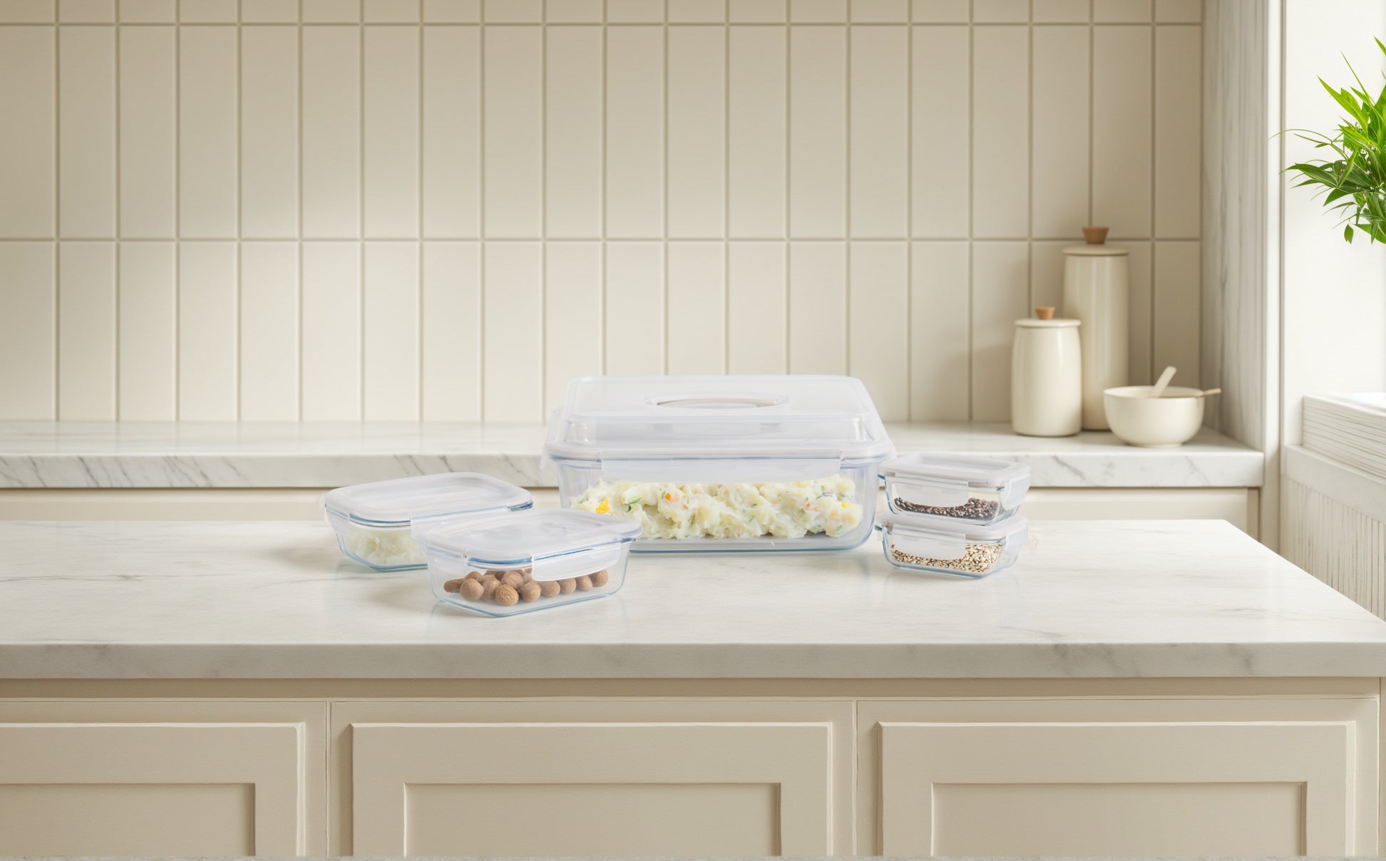 Set of food storage containers on a kitchen counter with a neutral color scheme.