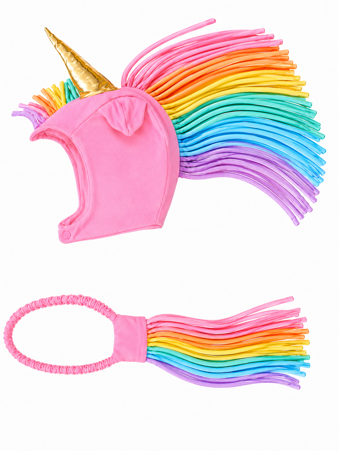 Pink unicorn headband with rainbow hair extensions on a white background