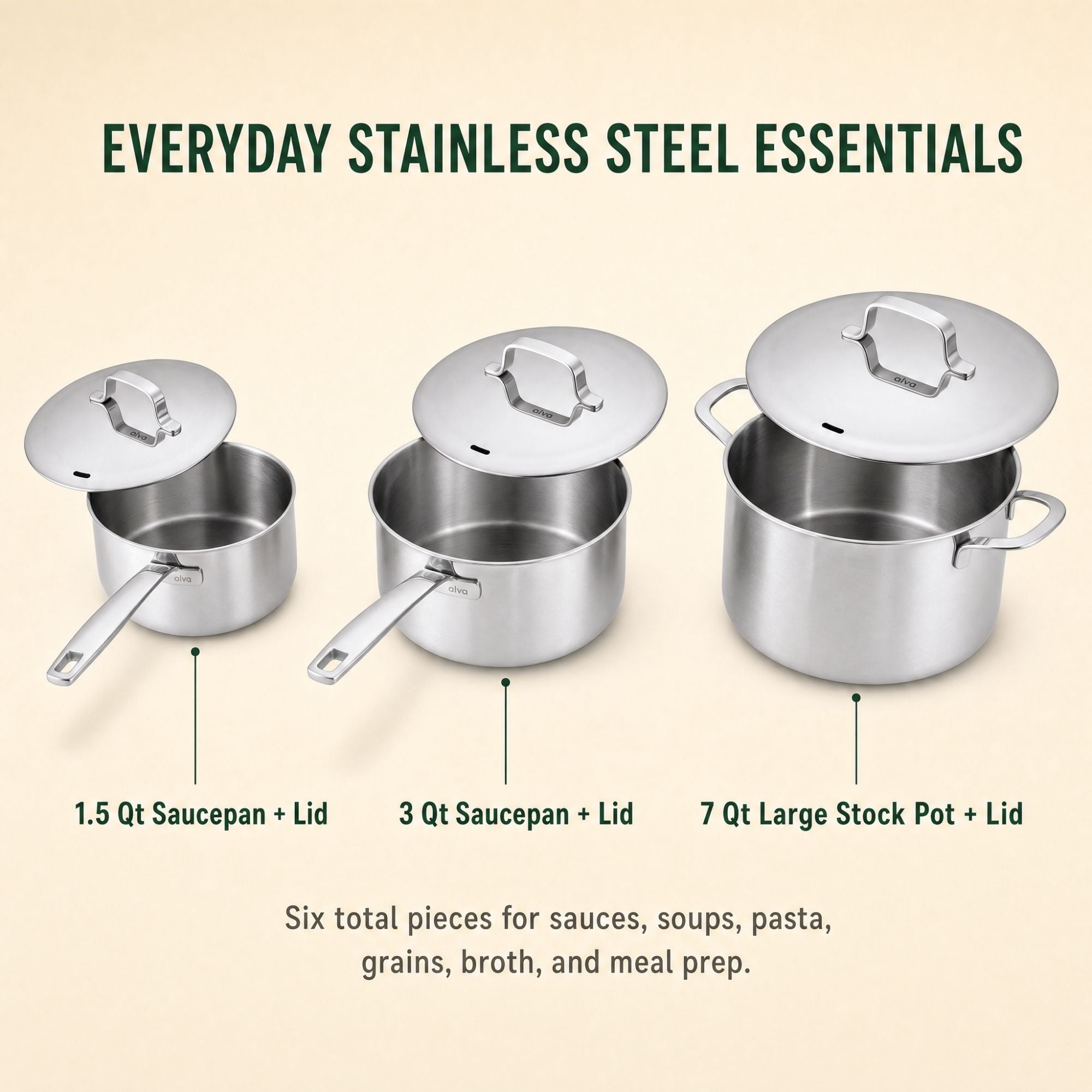 Alva Cookware Stainless Steel Pot Set, 6-Piece