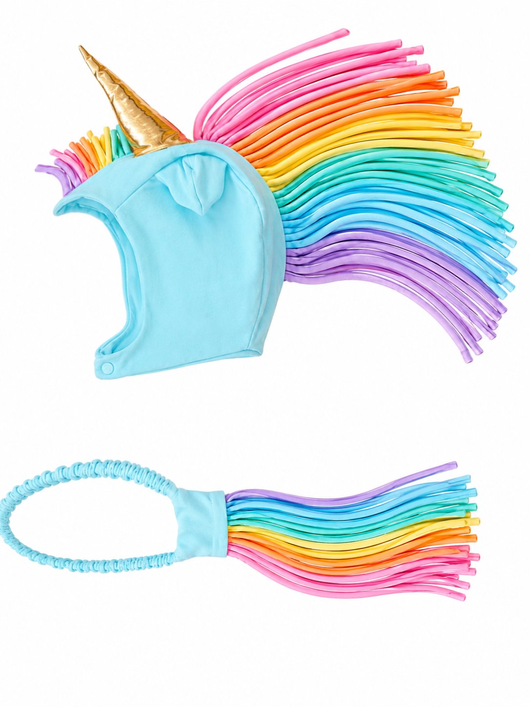 Colorful unicorn-themed swim cap and tail set on a white background