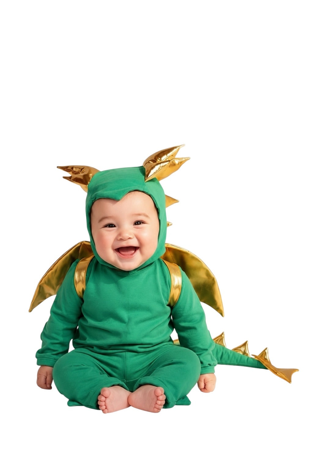Baby wearing a green dragon costume on a white background
