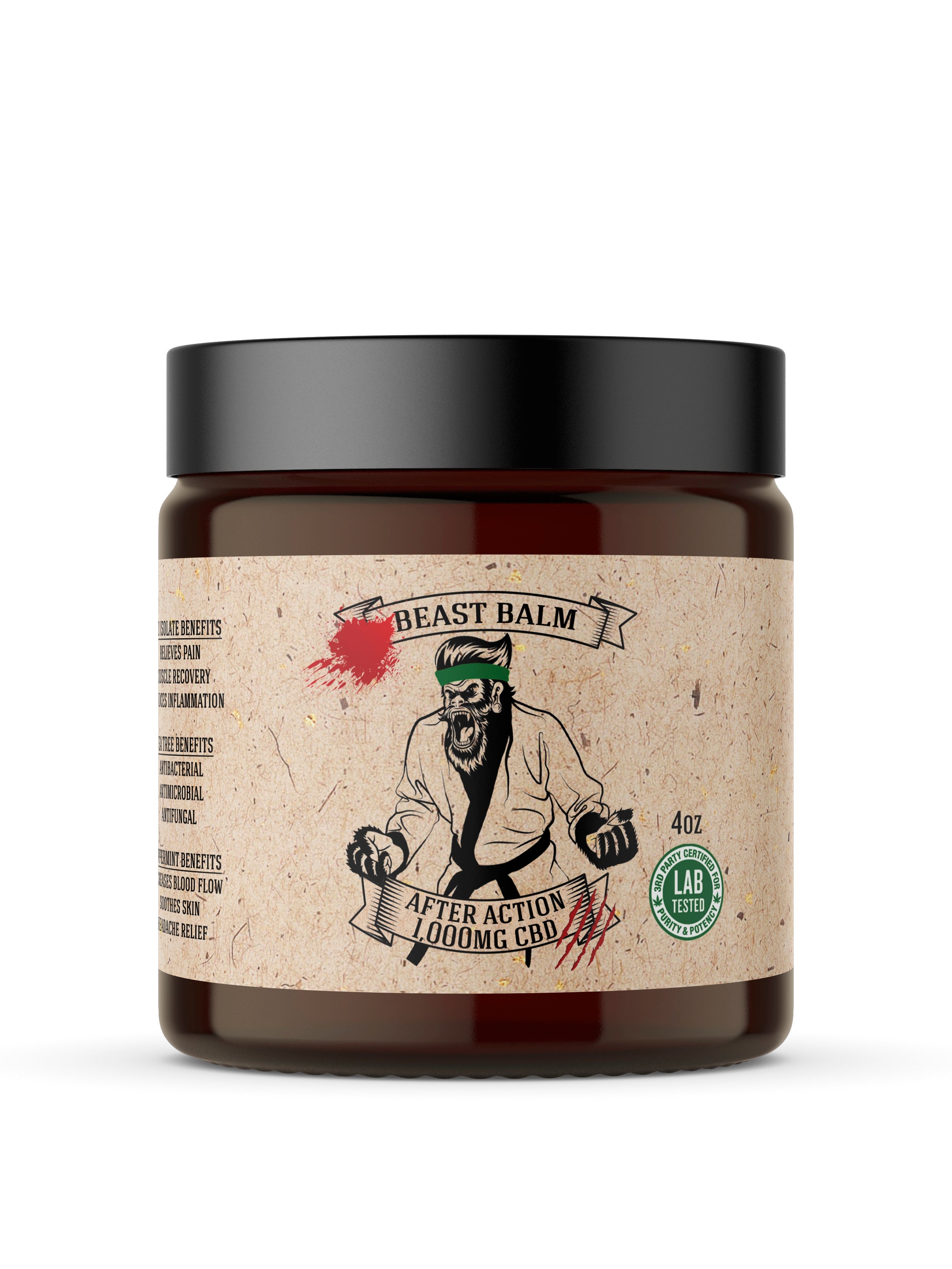 Jar of 'Beast Balm' with a label featuring a graphic design on a white background