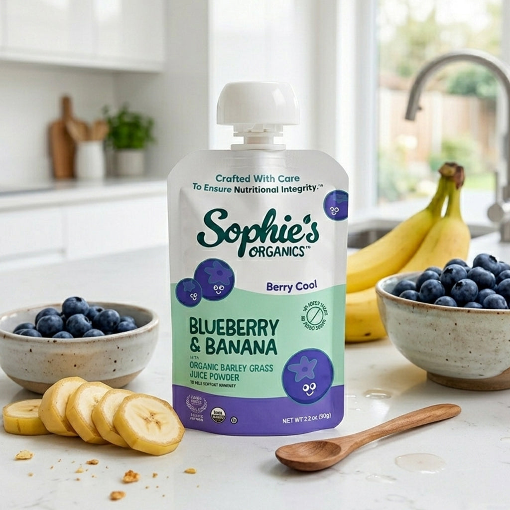 Bottle of Sophie's Organics Blueberry & Banana juice powder on a kitchen counter with fruits.