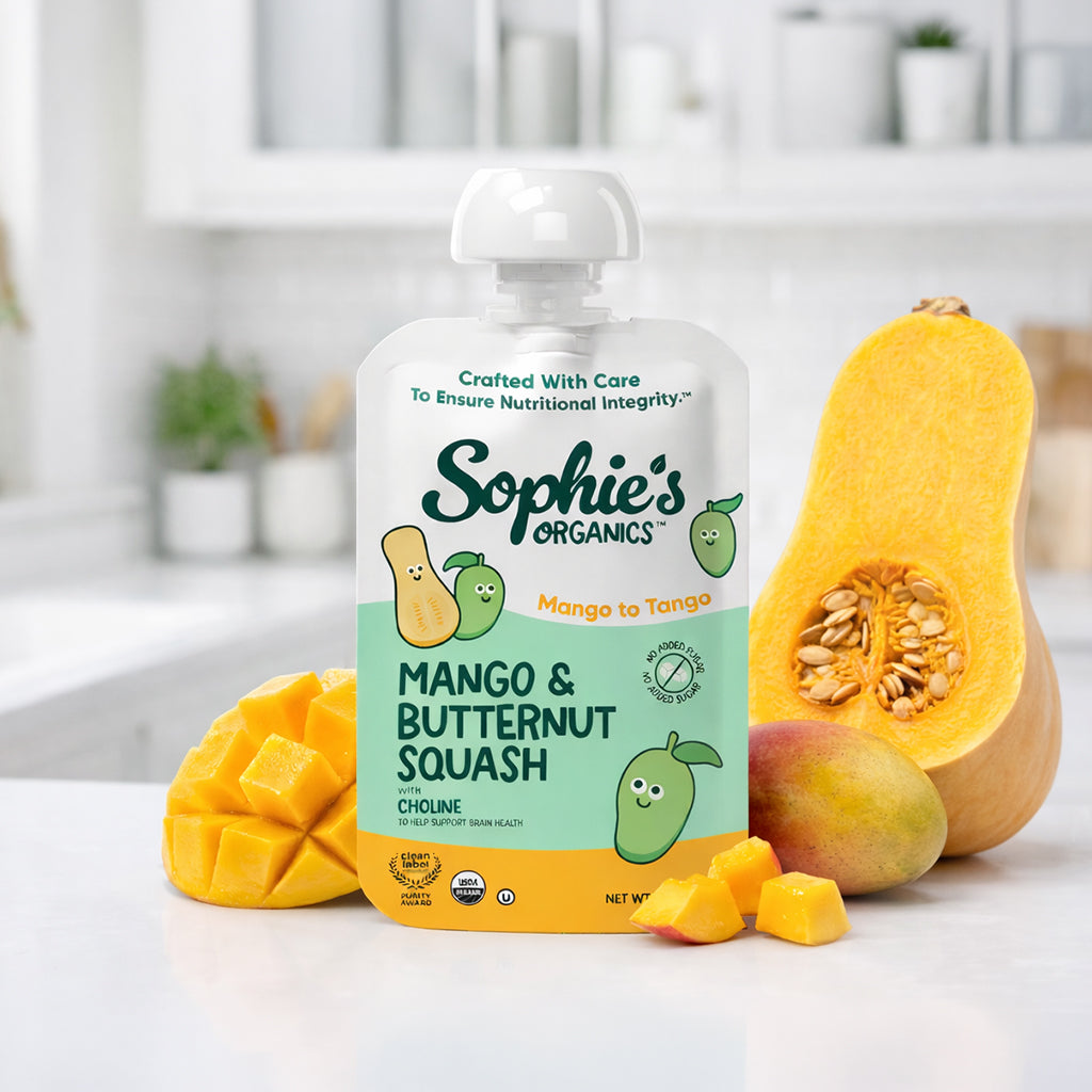 Sophie's Organics Mango & Butternut Squash baby food pouch with ingredients on a white background