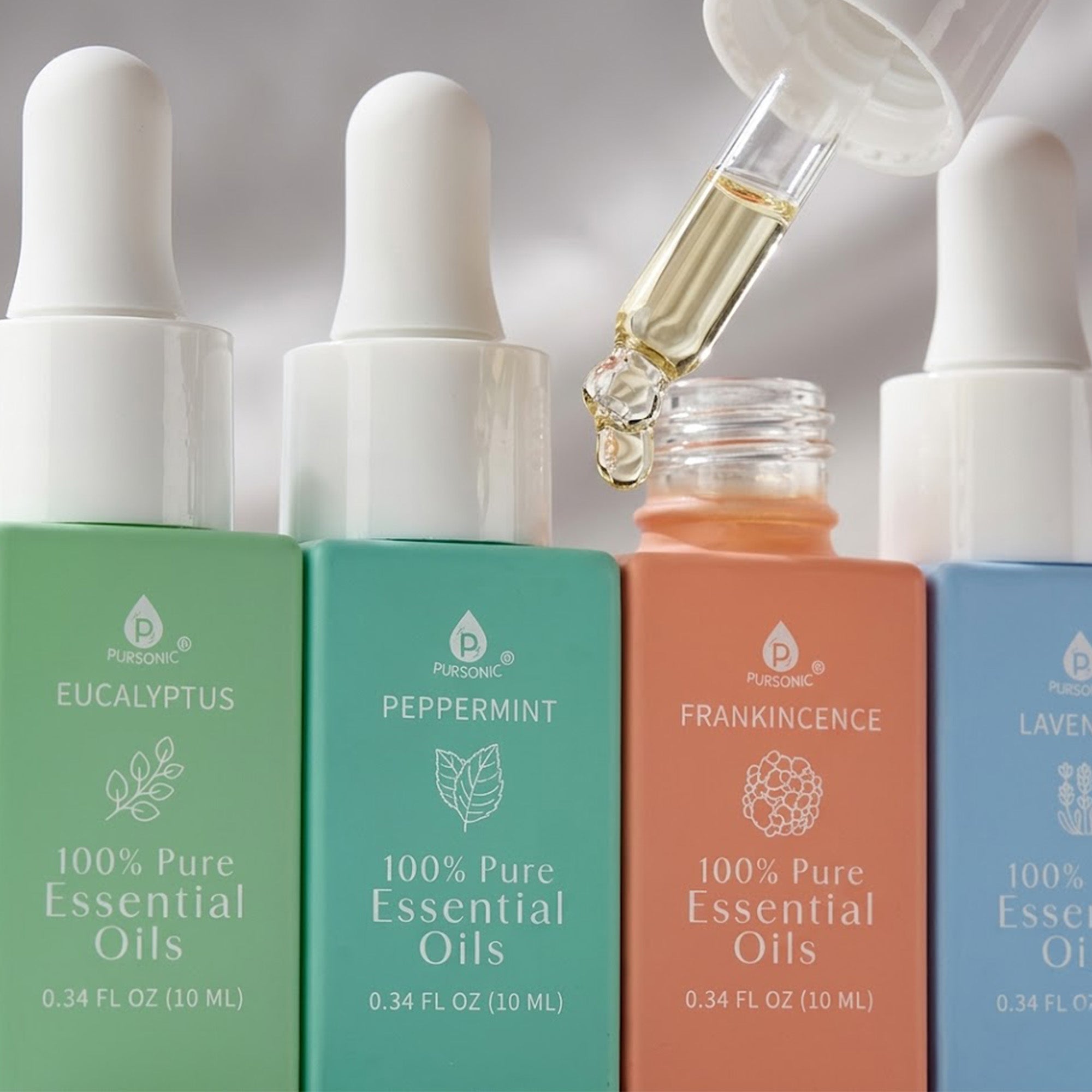 Pursonic 100% Pure Natural Essence Essential Oils – Nature’s Healing Power with Eucalyptus, Frankincense, Lavender, and Peppermint