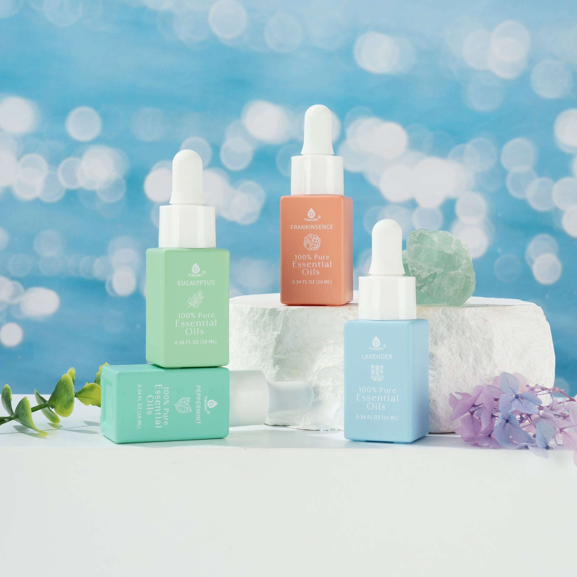 Pursonic 100% Pure Natural Essence Essential Oils – Nature’s Healing Power with Eucalyptus, Frankincense, Lavender, and Peppermint