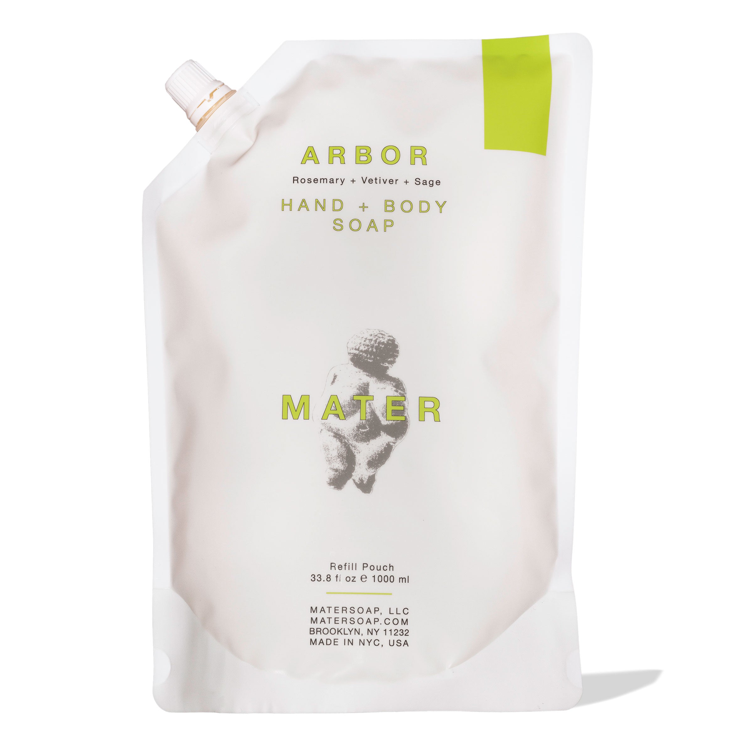 White refill pouch of Arbor Hand & Body Soap with green accents on a white background