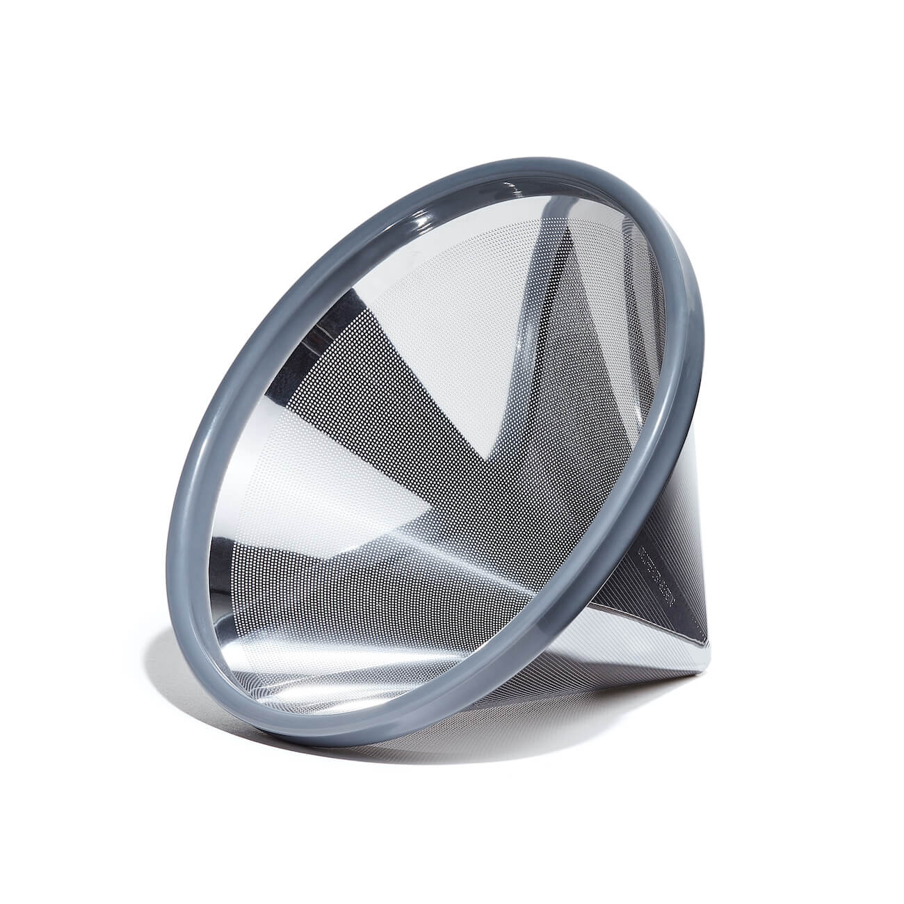 Mesh strainer with gray rim on a white background