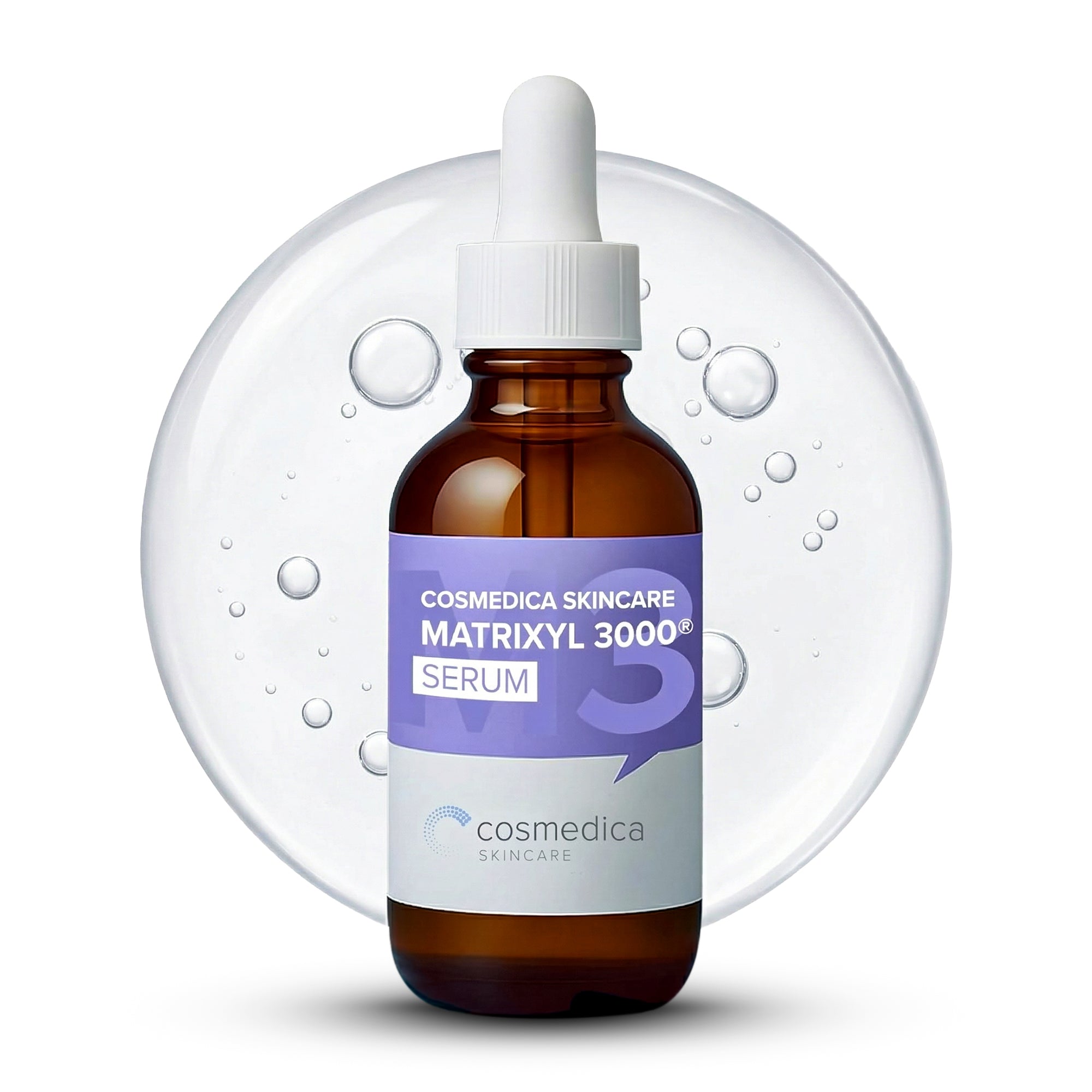 Cosmedica Skincare Matrixyl 3000 Serum bottle with dropper on a white background