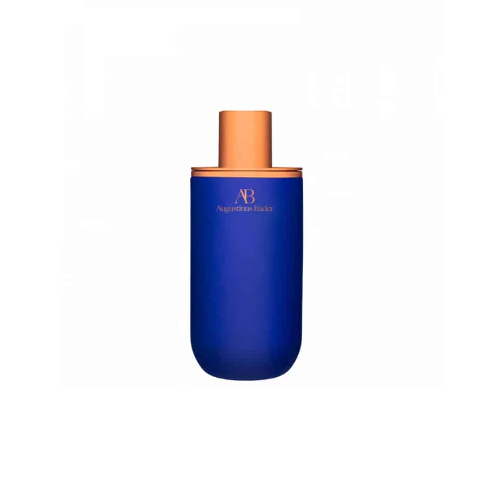 Blue perfume bottle with a gold cap on a white background