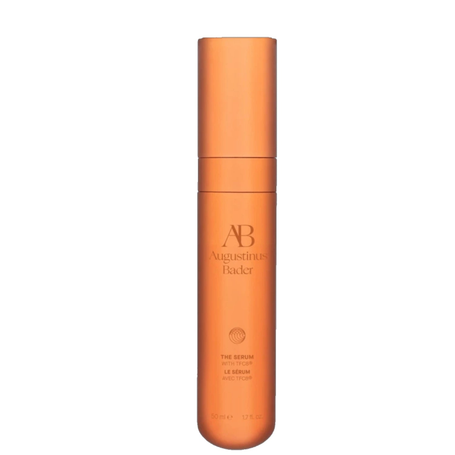 Orange skincare serum bottle with 'AB' branding on a white background
